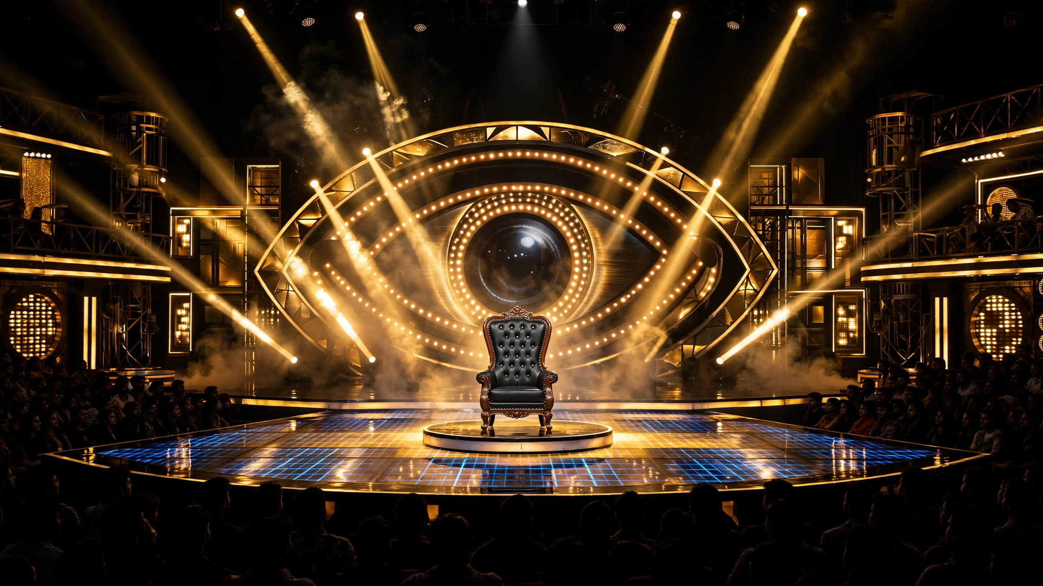 Empty host's chair on a glowing Bigg Boss-style weekend stage, awaiting the stand-in host