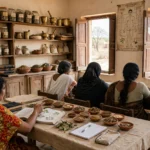 An Ayurvedic medicine classroom in Rajasthan, with herb jars and classical texts. AI-generated image grounded in a real Press Information Bureau photo of an Ayurvedic medical camp (GODL-India).