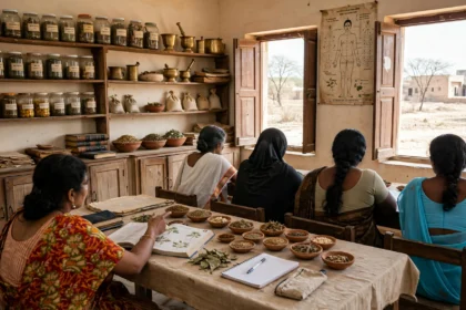 An Ayurvedic medicine classroom in Rajasthan, with herb jars and classical texts. AI-generated image grounded in a real Press Information Bureau photo of an Ayurvedic medical camp (GODL-India).
