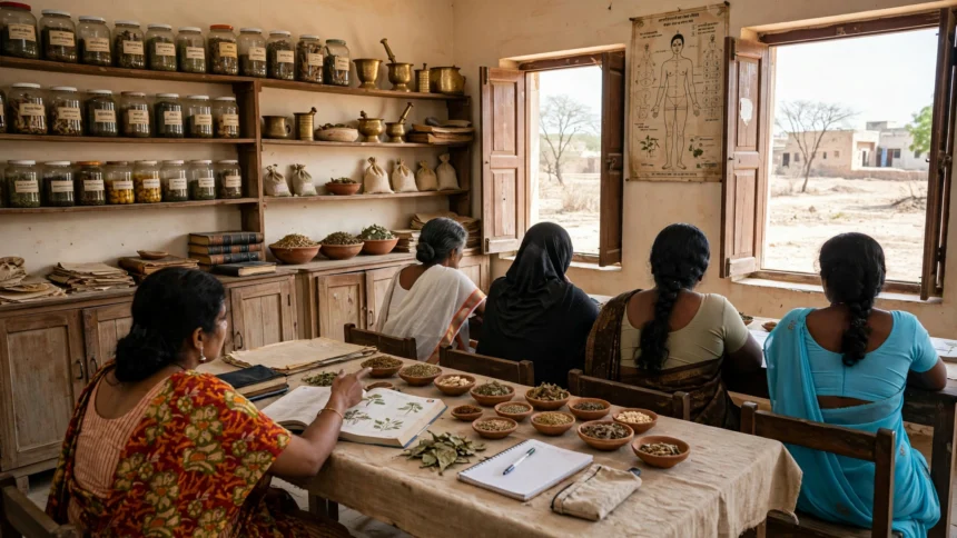 An Ayurvedic medicine classroom in Rajasthan, with herb jars and classical texts. AI-generated image grounded in a real Press Information Bureau photo of an Ayurvedic medical camp (GODL-India).