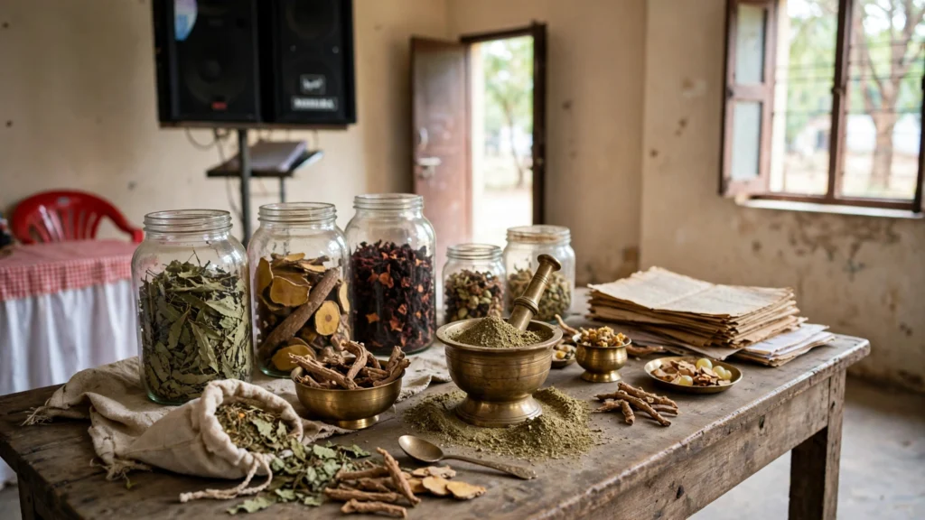 Ayurvedic herbs, a brass mortar and classical manuscripts. AI-generated image grounded in a real Press Information Bureau photo (GODL-India).