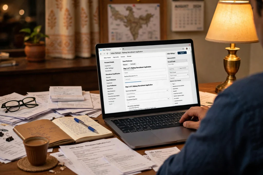 Aspirant filling an online railway recruitment application form