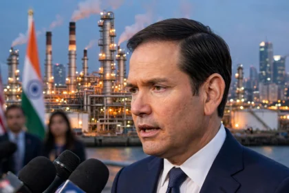 US Secretary of State Marco Rubio. Photo: U.S. Department of State / Wikimedia Commons (background composite).