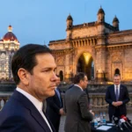 Marco Rubio at the Gateway of India, Mumbai. Photo: Freddie Everett / U.S. Department of State via Wikimedia Commons (background composite).