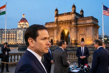 Marco Rubio at the Gateway of India, Mumbai. Photo: Freddie Everett / U.S. Department of State via Wikimedia Commons (background composite).
