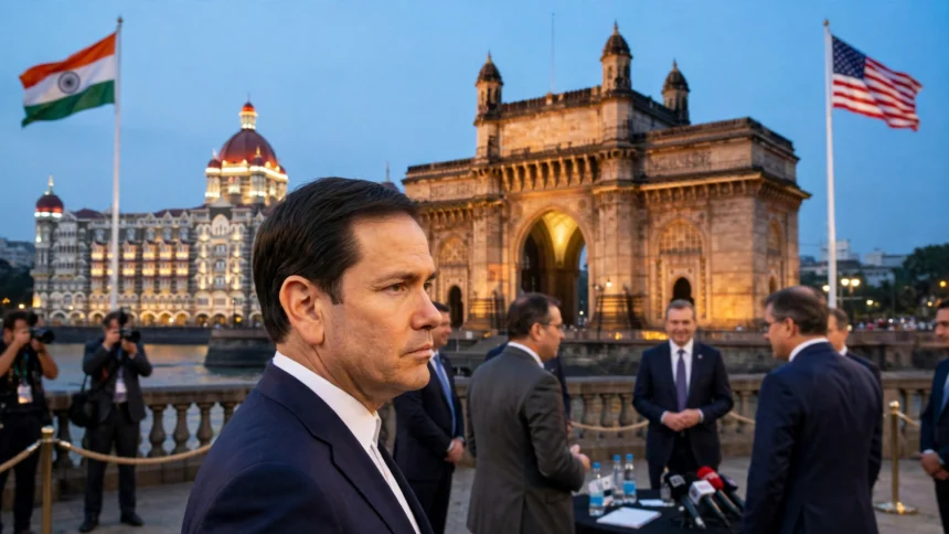 Marco Rubio at the Gateway of India, Mumbai. Photo: Freddie Everett / U.S. Department of State via Wikimedia Commons (background composite).