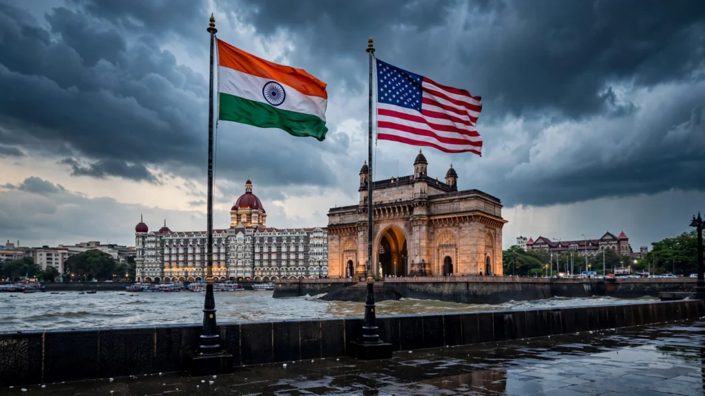 Indian and American flags fly together at the Gateway of India, Mumbai.
