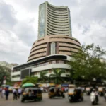 The Bombay Stock Exchange building in Mumbai. AI-generated image grounded in a real reference photo.