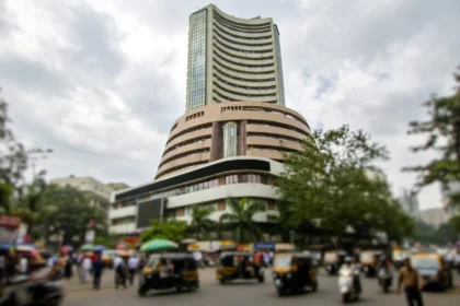 The Bombay Stock Exchange building in Mumbai. AI-generated image grounded in a real reference photo.