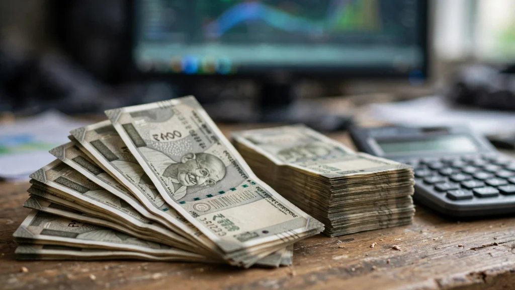 Indian rupee banknotes on a forex desk with a calculator and a blurred market screen. AI-generated image grounded in a real reference photo.