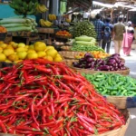 Vegetable baskets at an Indian market.