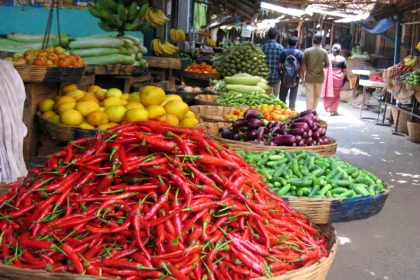 Vegetable baskets at an Indian market.
