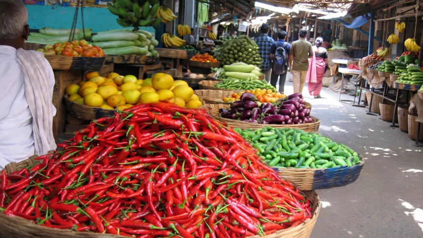 Vegetable baskets at an Indian market.