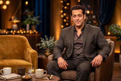 Salman Khan seated on the Koffee With Karan talk-show set. Photo: Bollywood Hungama / Wikimedia Commons (CC BY 3.0), background composite