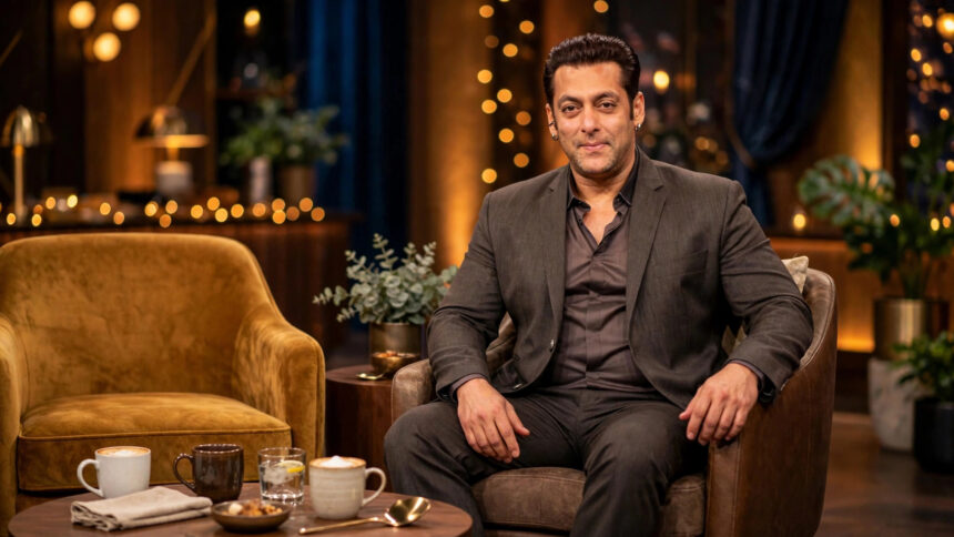 Salman Khan seated on the Koffee With Karan talk-show set. Photo: Bollywood Hungama / Wikimedia Commons (CC BY 3.0), background composite