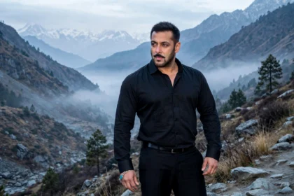 Salman Khan in a mountain valley setting. Photo: Bollywood Hungama / Wikimedia Commons (background composite).