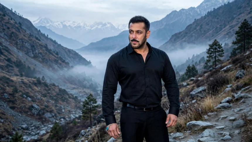 Salman Khan in a mountain valley setting. Photo: Bollywood Hungama / Wikimedia Commons (background composite).