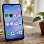 Samsung Galaxy A08 smartphone in Dark Blue on a wooden desk