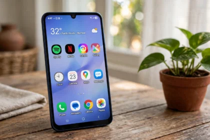 Samsung Galaxy A08 smartphone in Dark Blue on a wooden desk