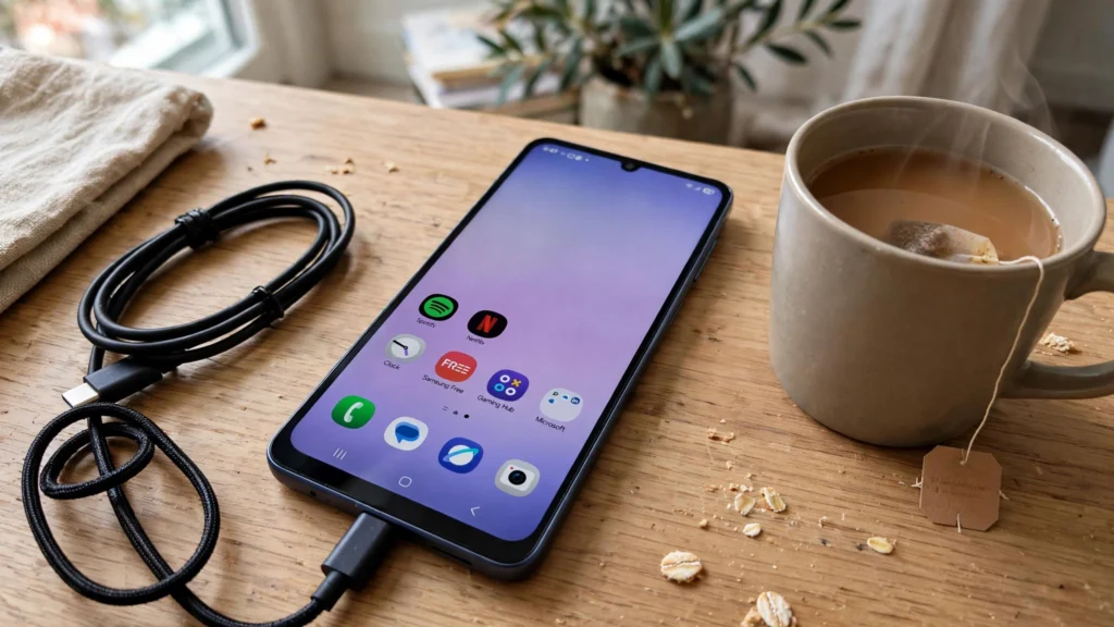 Samsung Galaxy A08 lying on a desk next to a charger cable and a cup of tea