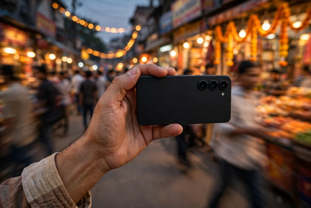 Hand holding a smartphone photographing an Indian street market at dusk