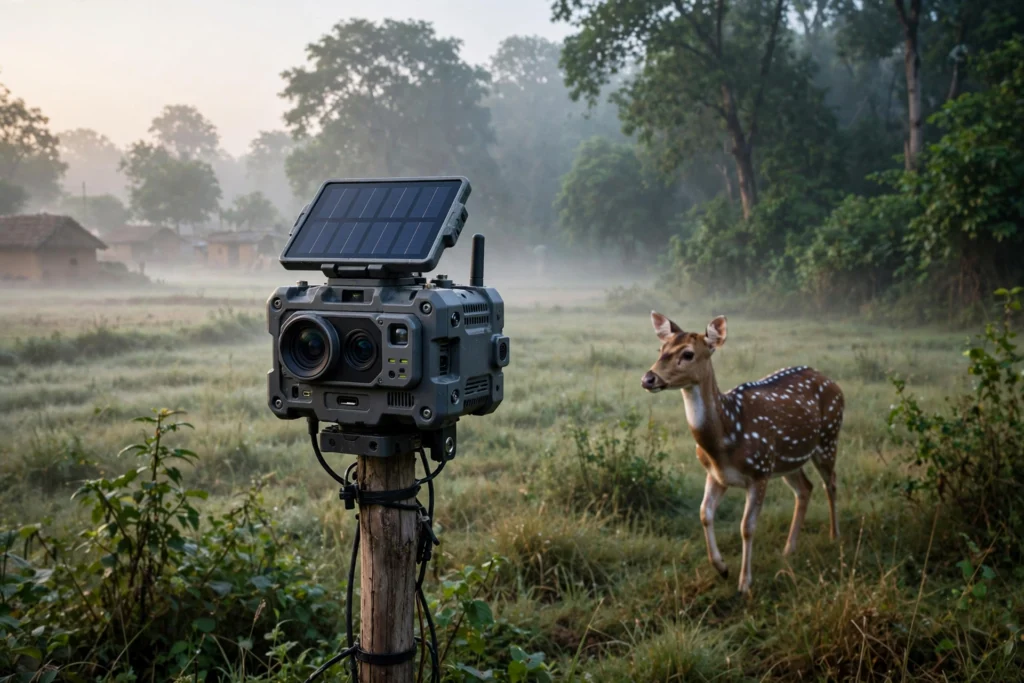 Solar-powered AI wildlife detection device at a forest edge, representing InnoBotix's winning Sentinel solution at Samsung Solve for Tomorrow 2026