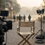 Film camera and director's chair on a location shoot in an old city street at dawn, ahead of the Sanki shoot in Bhopal