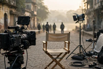 Film camera and director's chair on a location shoot in an old city street at dawn, ahead of the Sanki shoot in Bhopal
