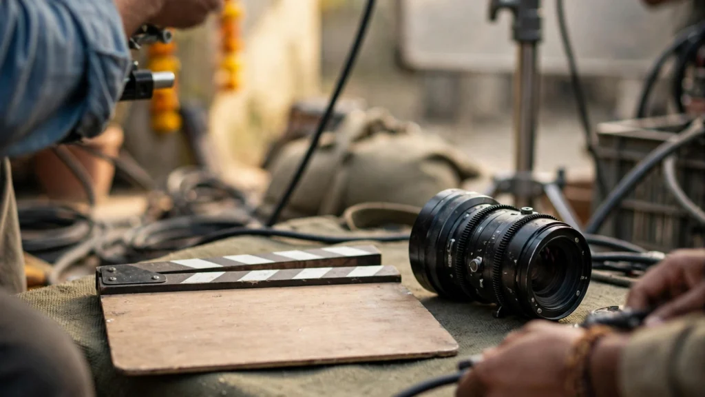 Blank clapperboard and cinema lens on a film set