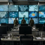 Military operations centre with wall displays showing maps and data, with personnel seen from behind