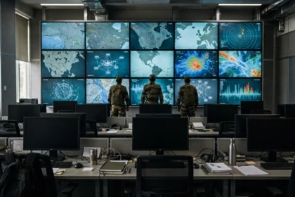 Military operations centre with wall displays showing maps and data, with personnel seen from behind
