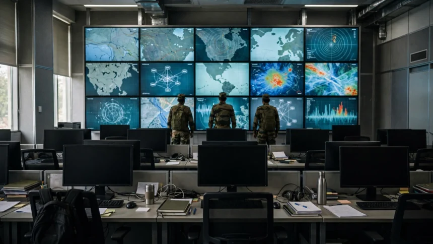 Military operations centre with wall displays showing maps and data, with personnel seen from behind