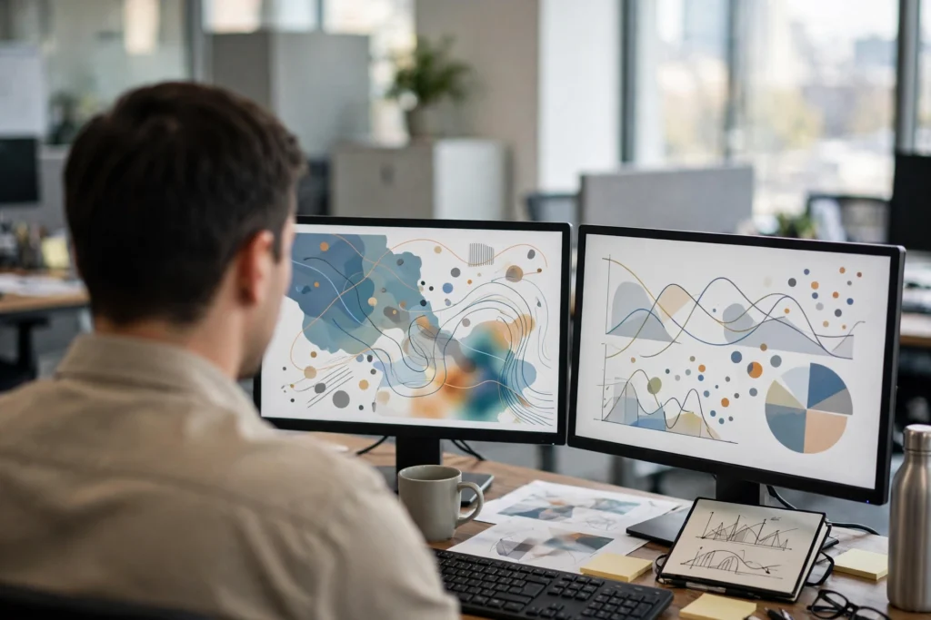 Analyst seen from behind at a desk with monitors showing charts and maps
