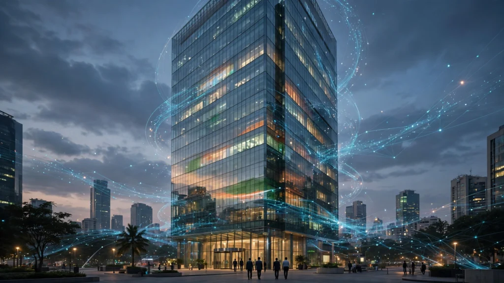 A modern bank headquarters at dusk with glowing AI data-network light trails. Photo: Informeia (AI composite, building is illustrative).