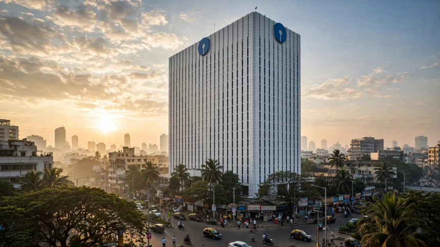 SBI headquarters building in Mumbai. Photo composite: Digamber / Wikimedia Commons (CC0) with AI-generated editorial background.