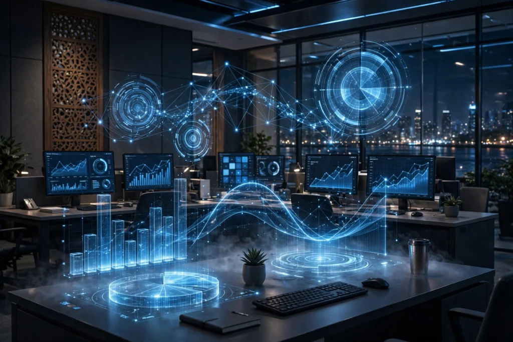 SBI's AI and data analytics operations with glowing dashboards and holographic graphs. AI-generated thematic image.