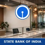 State Bank of India official logo badge on a bank branch background - Logo: Wikimedia Commons (File:SBI-logo.svg); background: AI-generated editorial composite