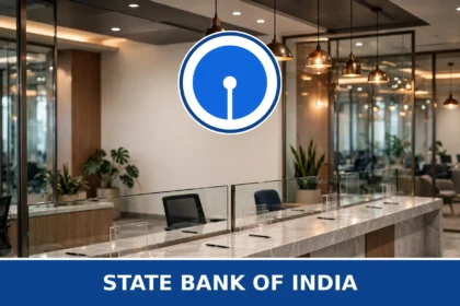 State Bank of India official logo badge on a bank branch background - Logo: Wikimedia Commons (File:SBI-logo.svg); background: AI-generated editorial composite
