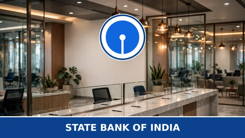 State Bank of India official logo badge on a bank branch background - Logo: Wikimedia Commons (File:SBI-logo.svg); background: AI-generated editorial composite