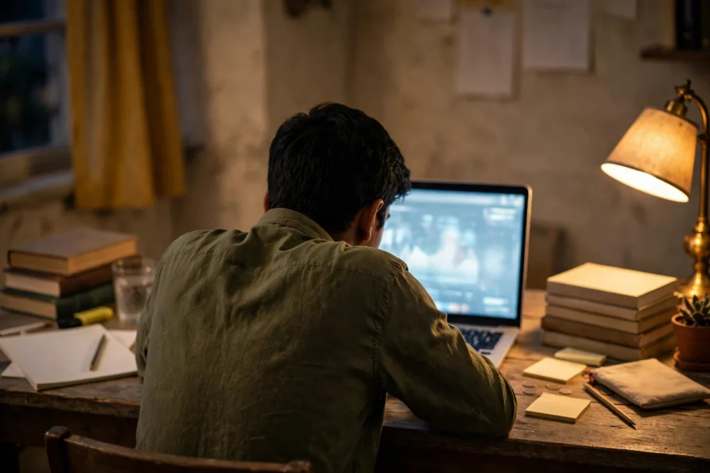 Job aspirant checking the SBI Clerk exam result on a laptop (AI-generated editorial photo)