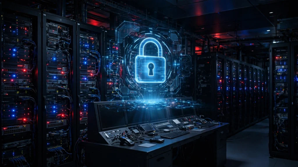 Cyber security concept: server room under alert after a suspected customer data exposure.