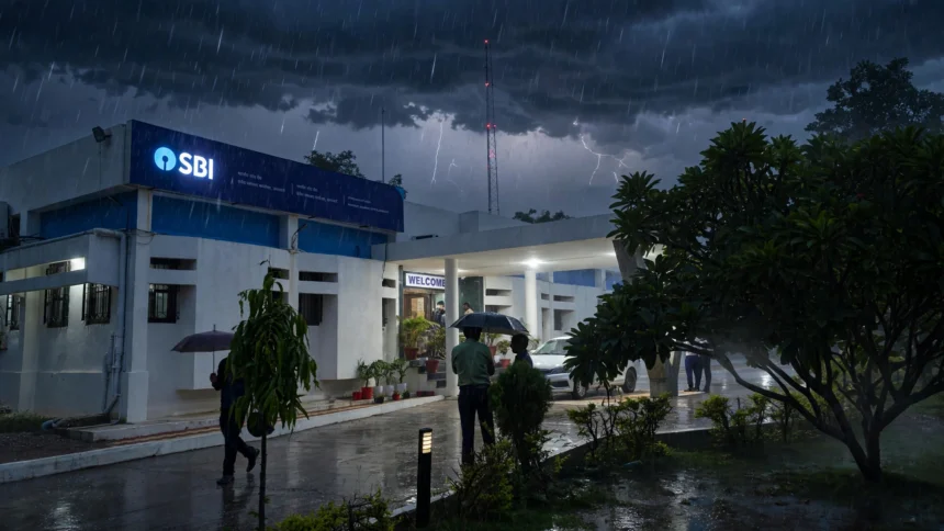 State Bank of India office under a stormy sky, building photo by Ganesh Dhamodkar / Wikimedia Commons (CC BY-SA 4.0), background composite