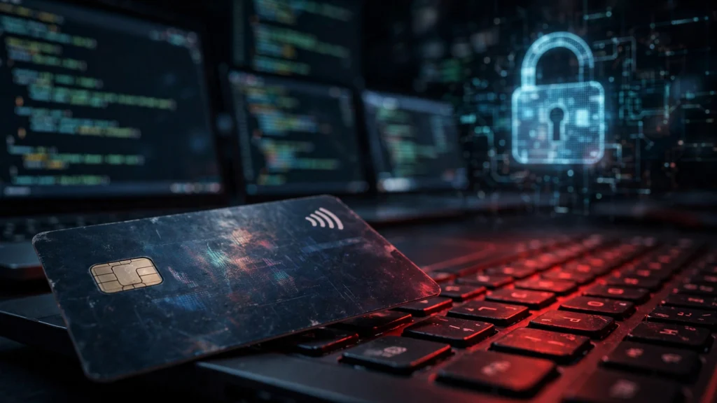 Bank debit card on a laptop under red light, representing the alleged data breach; AI-generated representative image