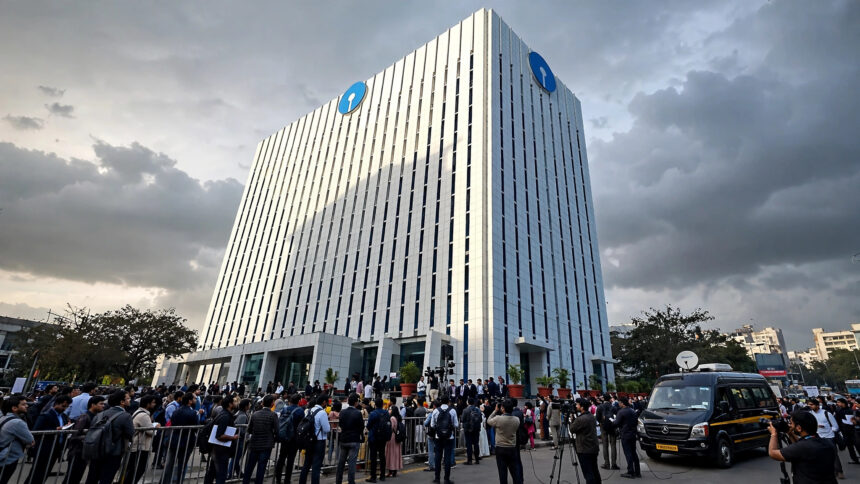 SBI headquarters in Mumbai. Photo: Digamber / Wikimedia Commons (background composite)