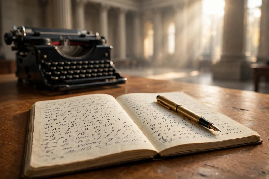 Shorthand notebook, fountain pen and typewriter. Representative image.