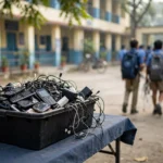 Old mobile phones, chargers and cables collected in a black box in a school courtyard during the nationwide e-waste drive.