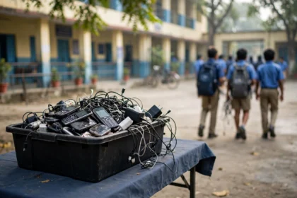 Old mobile phones, chargers and cables collected in a black box in a school courtyard during the nationwide e-waste drive.