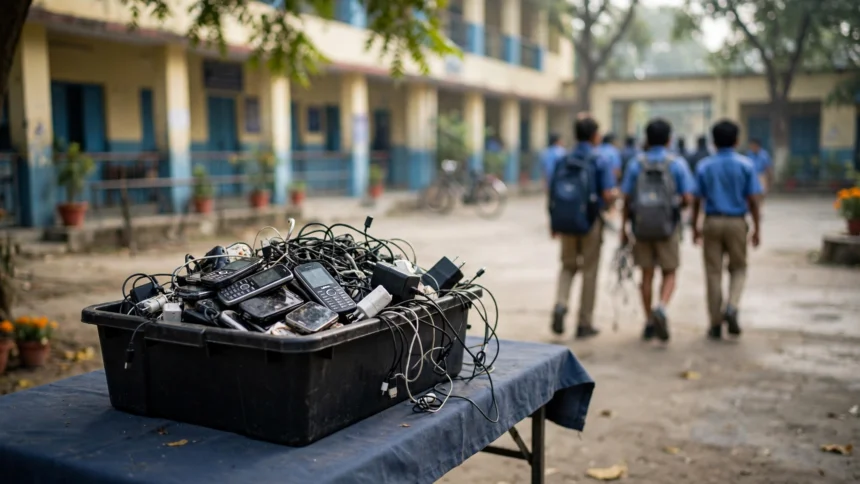 Old mobile phones, chargers and cables collected in a black box in a school courtyard during the nationwide e-waste drive.