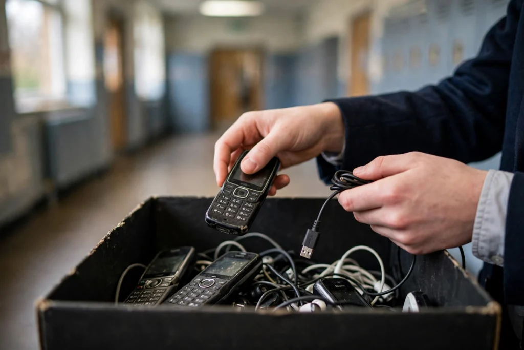 Hands placing an old mobile phone into a collection box of discarded phones and cables.