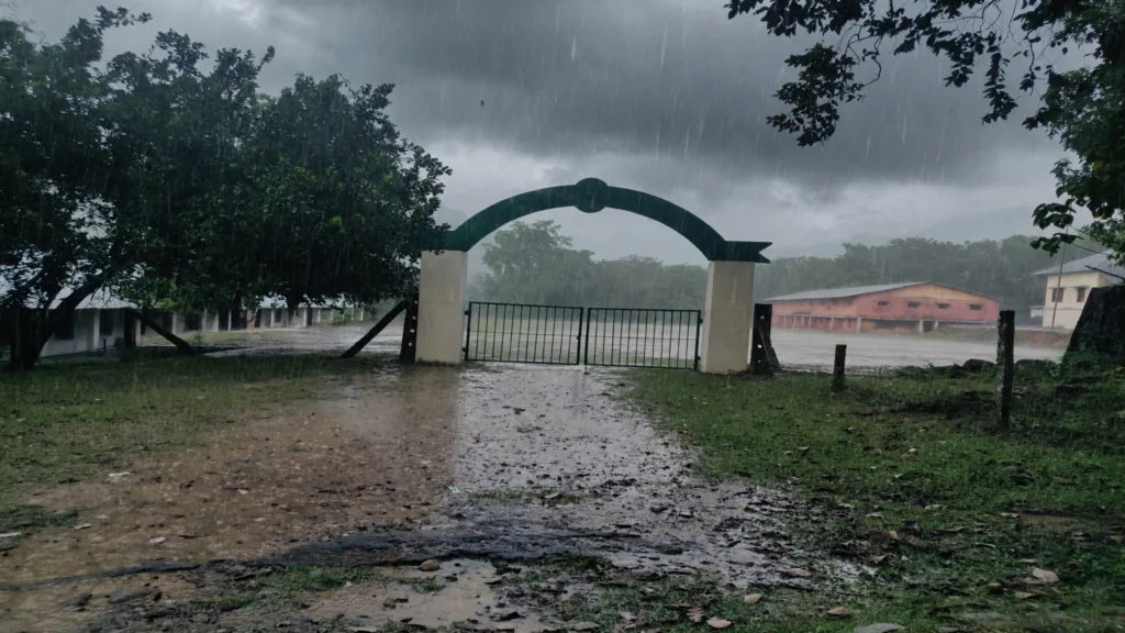 Empty school ground in heavy monsoon rain.
